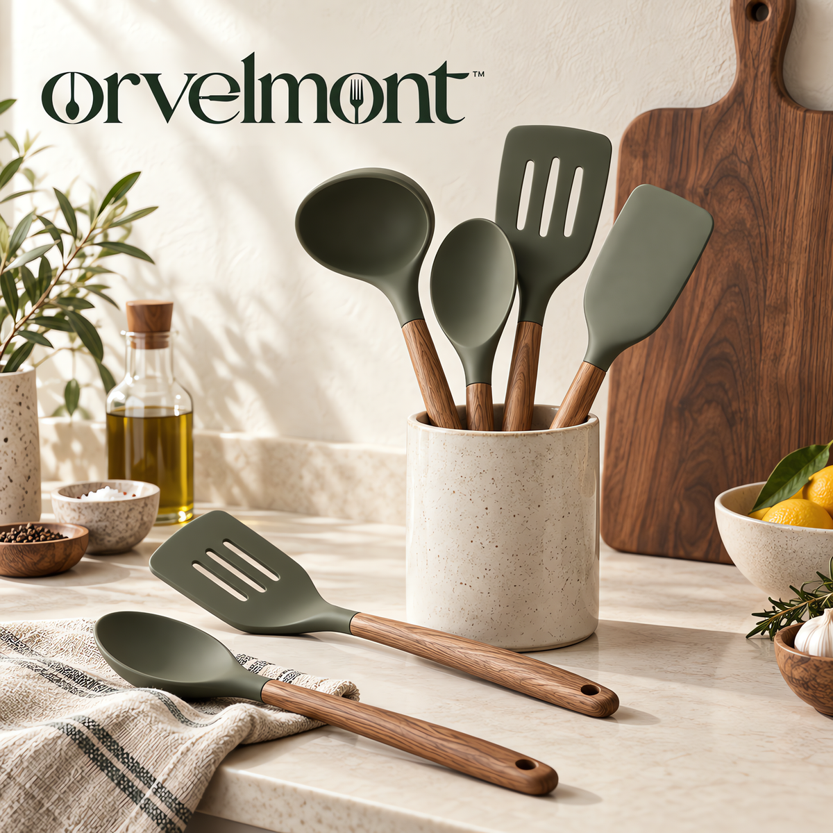 Orvelmont™ Silicone Cooking Utensil Set with Wood Handles