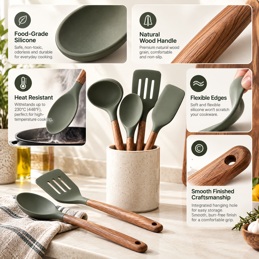 Orvelmont™ Silicone Cooking Utensil Set with Wood Handles
