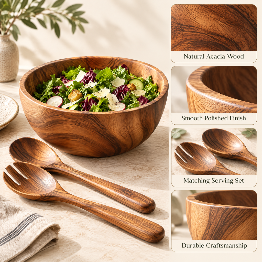 Orvelmont™ Wooden Salad Bowl & Serving Utensil Set