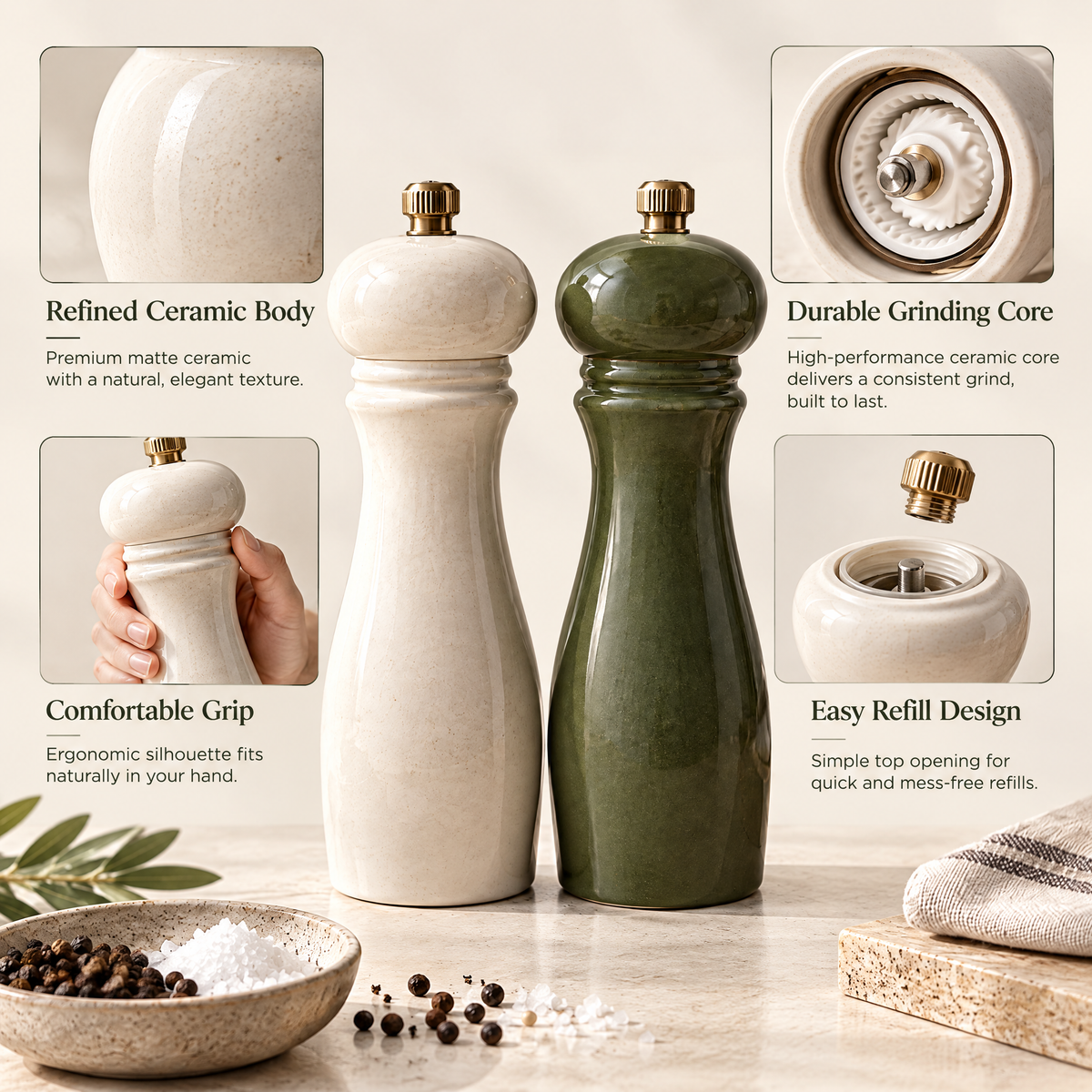 Orvelmont™ Ceramic Salt & Pepper Grinder Set